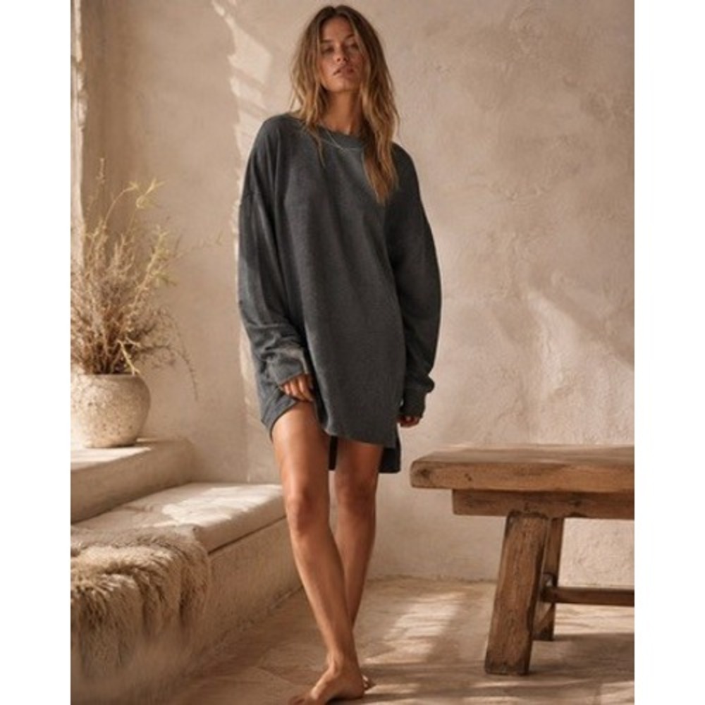 COS Women Charcoal Gray Oversized Long Sleeve Sweatshirt Dress with Pockets
